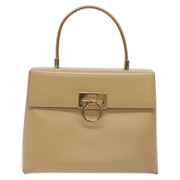 Salvatore Ferragamo Gancini Hand Bag Leather Beige Gold - Picture 2 of 16